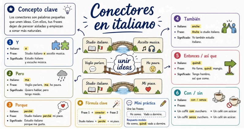 Mapa visual de los conectores en italiano con frases de ejemplo.