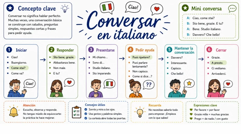 Mapa visual «Conversar en italiano»: iniciar, responder, presentarse, pedir ayuda, mantener la conversación y cerrar.